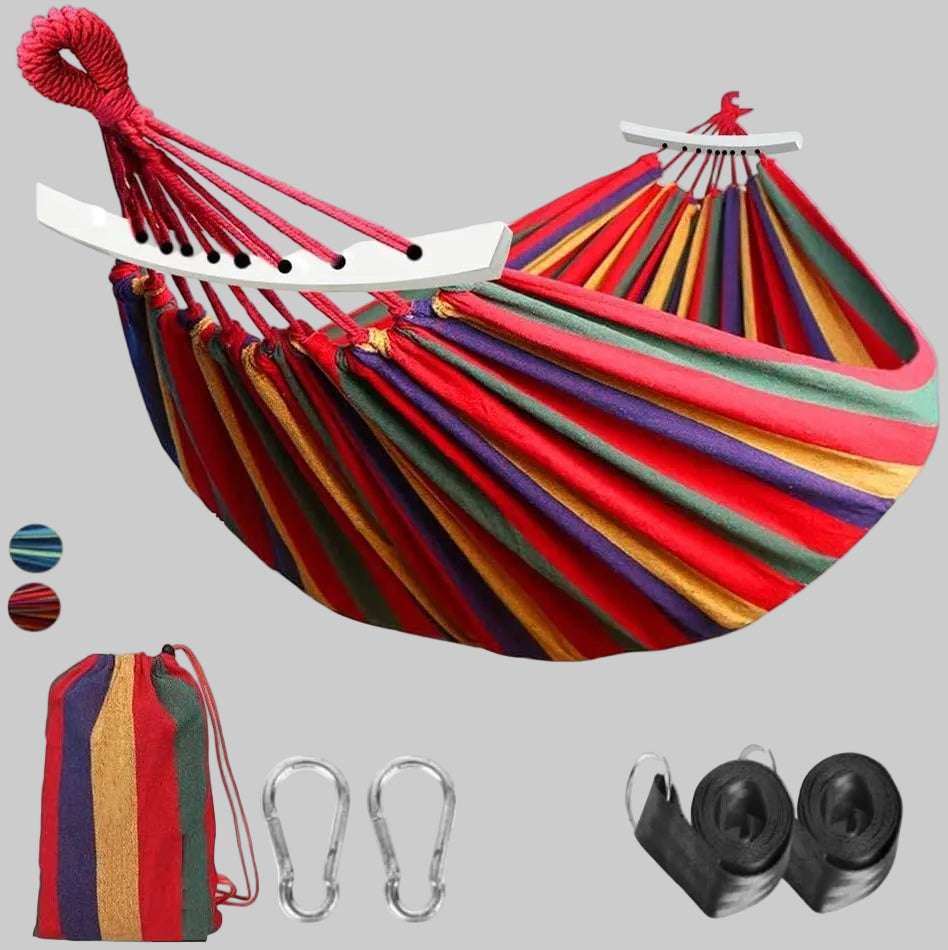 Comfortable striped hammock for beach and backyard lounging