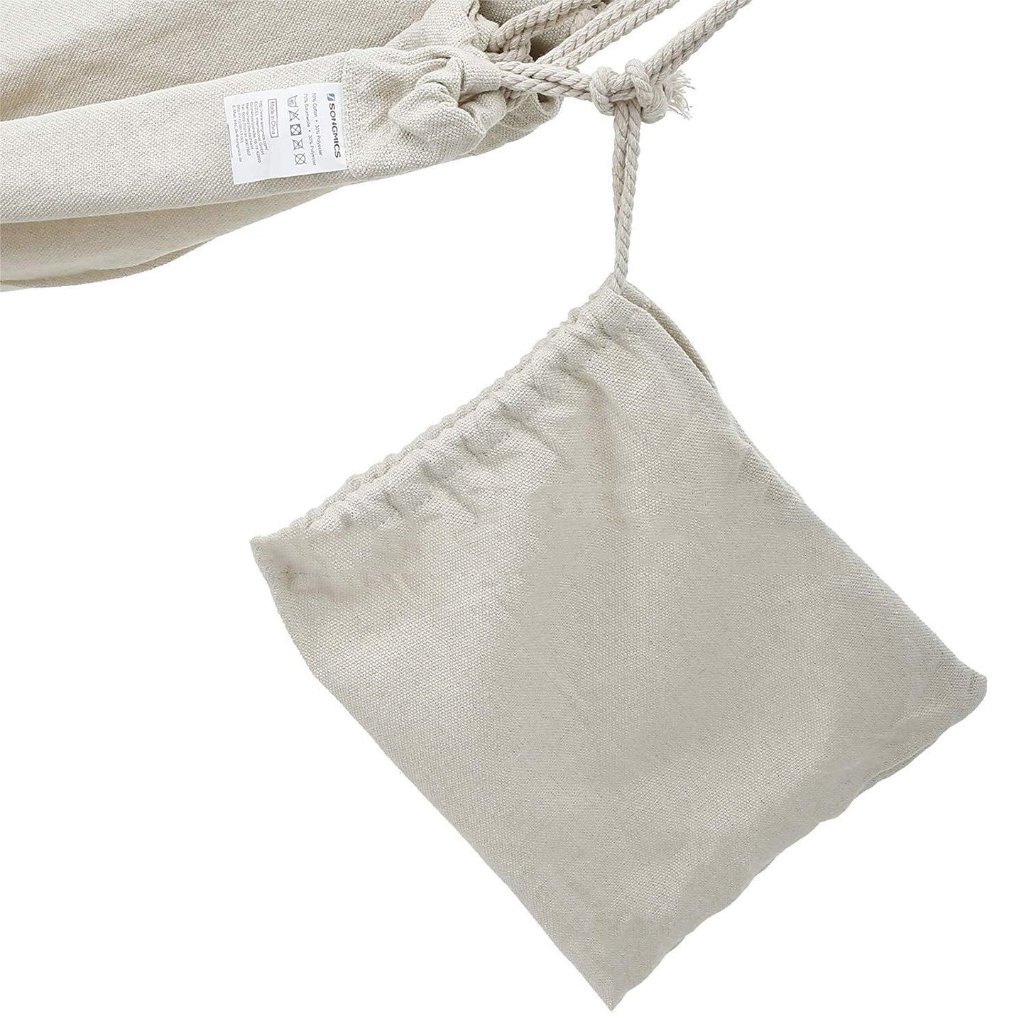 Beige canvas hammock with 440 lb weight capacity for lounging