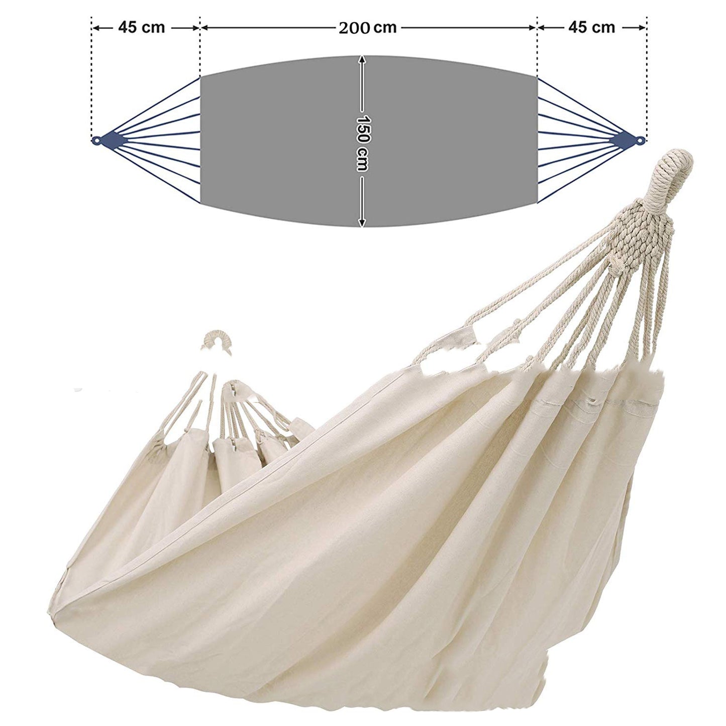 Durable canvas hammock hanging in a backyard garden