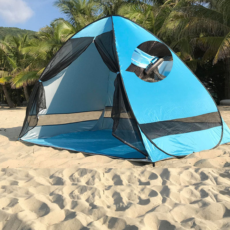 Water-resistant outdoor beach shade tent with ground stakes