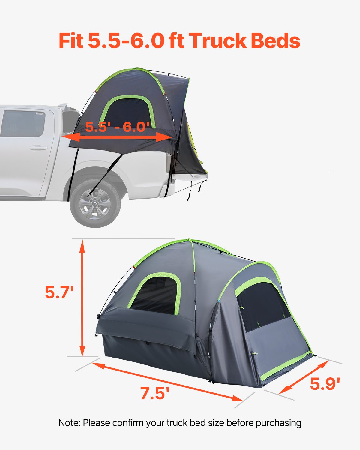 Heavy-duty truck bed camper tent with reinforced fiberglass poles